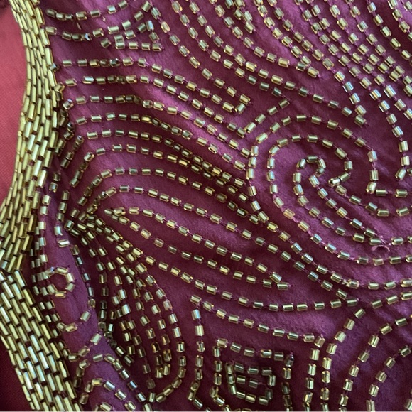 Niteline Burgundy Silk Large 3 Piece Evening Wear Gold Bugle Beaded Jacket - Picture 15 of 16